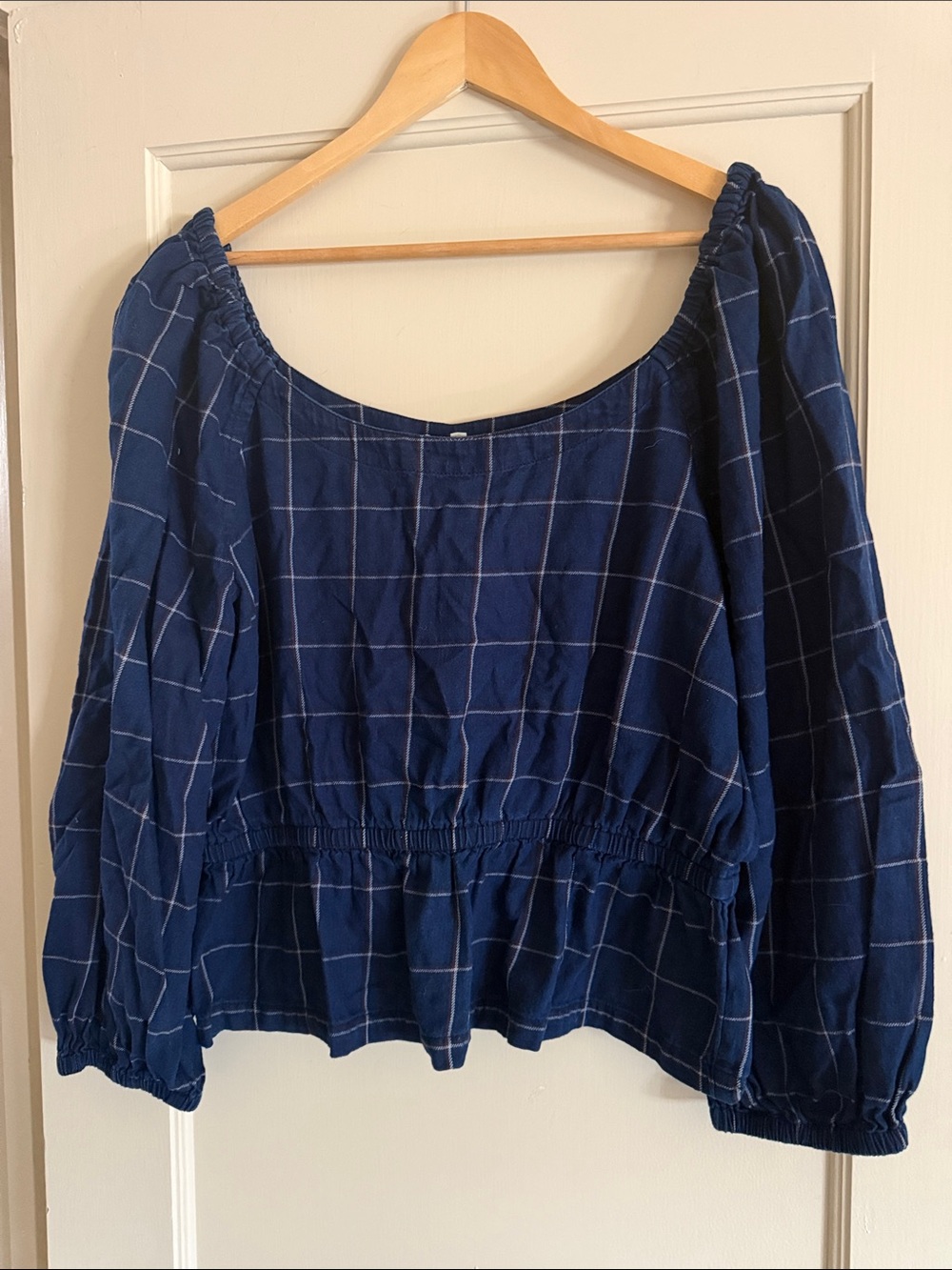 Madewell Navy and White Windowpane Peasant Blouse